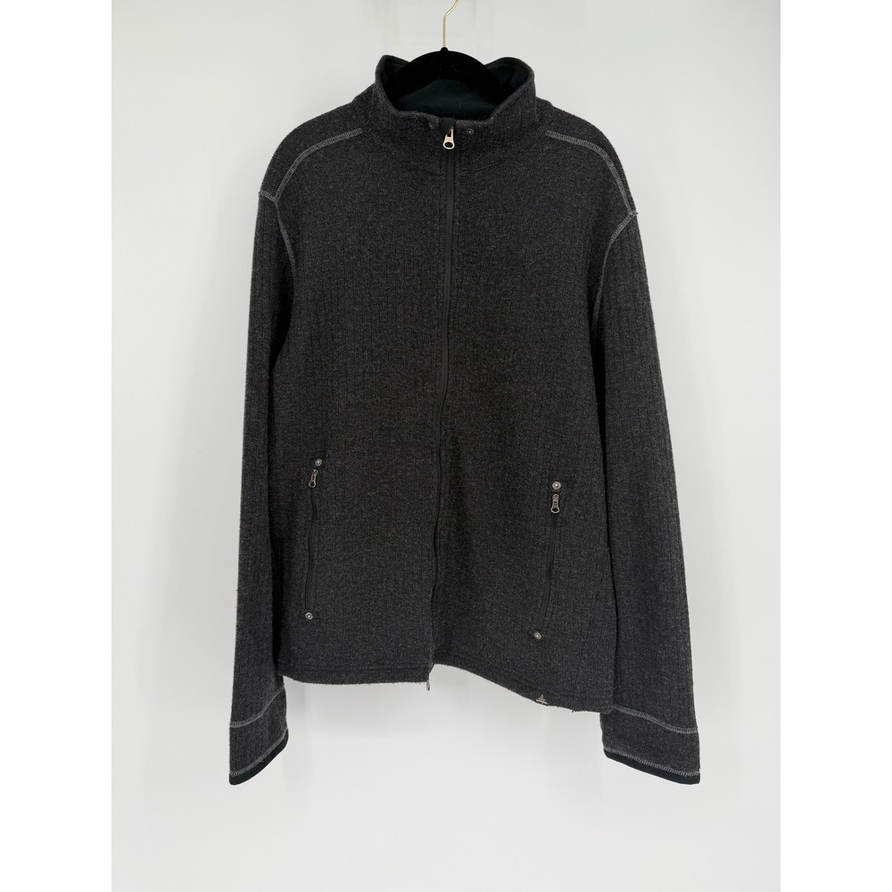 Prana Mens Full Zip Ribbed Knit Sweater Jacket Charcoal Gray Mock Neck Large